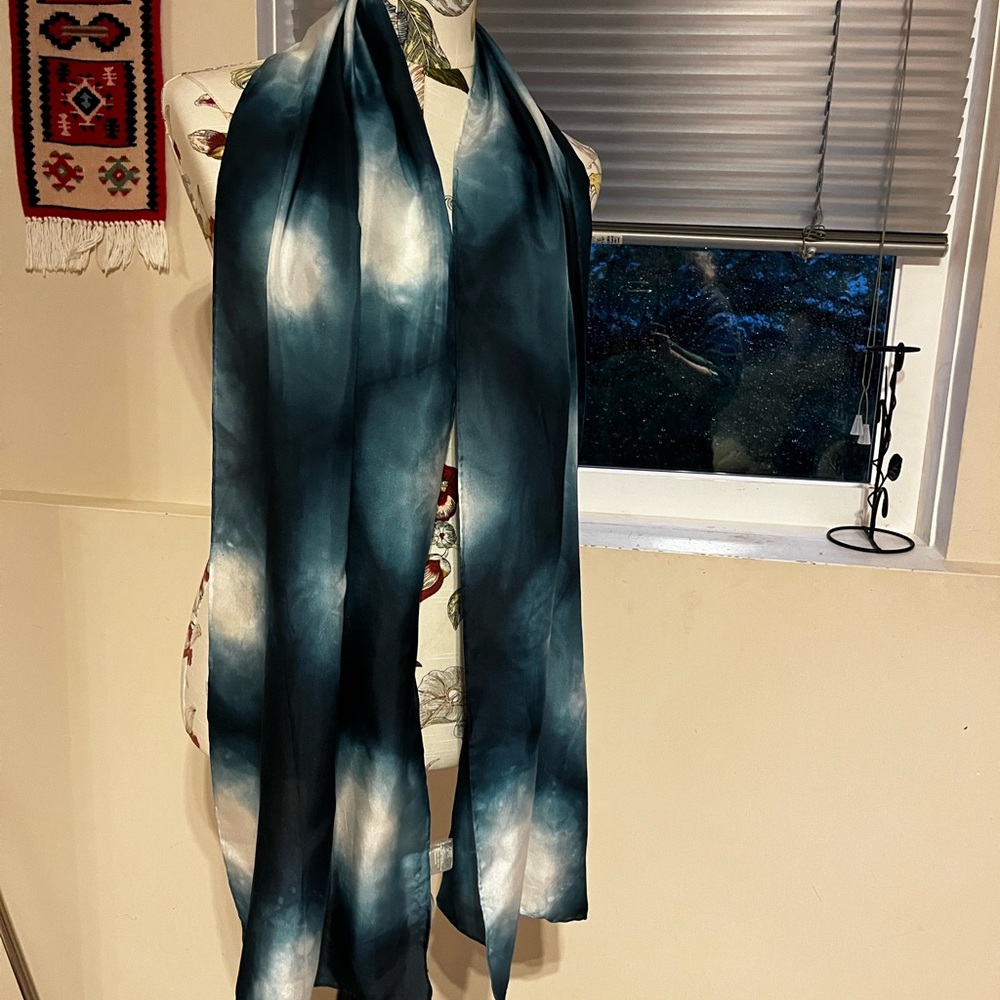 Eileen Fisher Teal and White Hand-Dyed Silk Scarf